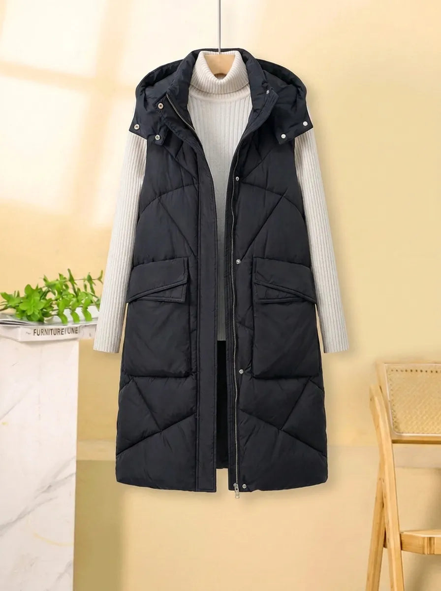 Women's Long Thermal Quilted Vest with Hood and Multifunctional Pockets