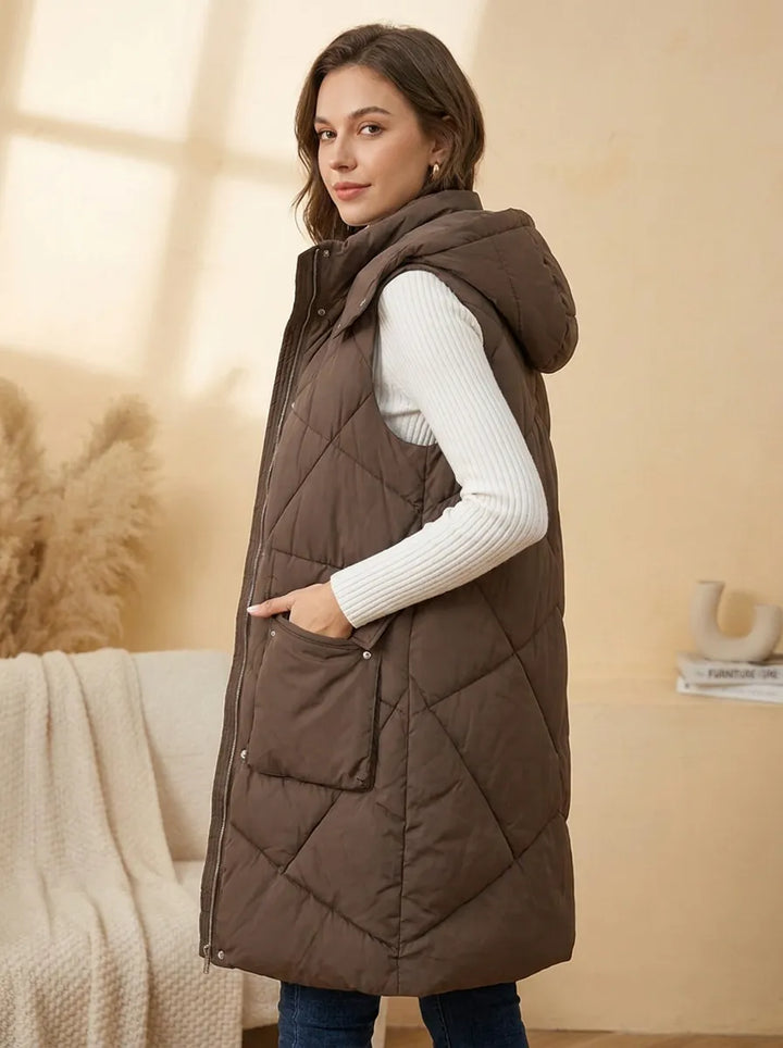 Women's Long Thermal Quilted Vest with Hood and Multifunctional Pockets