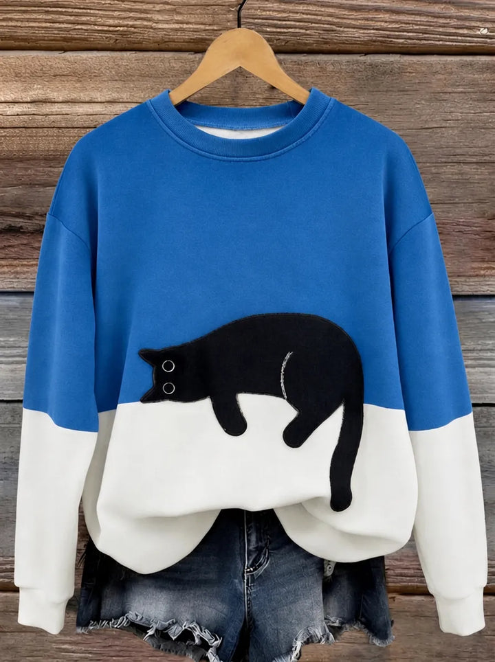 Damen Oversized Pullover mit Farbblockdesign und Katzenmotiv