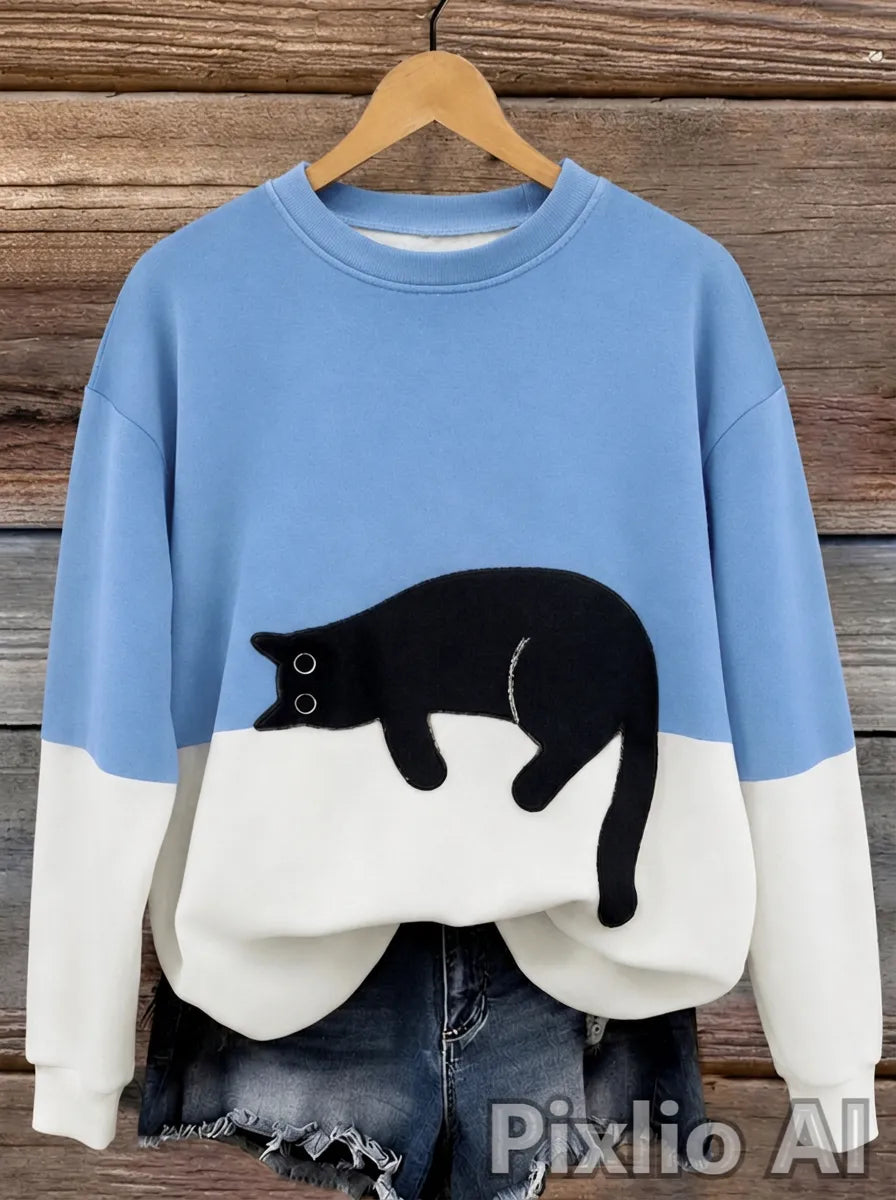 Damen Oversized Pullover mit Farbblockdesign und Katzenmotiv