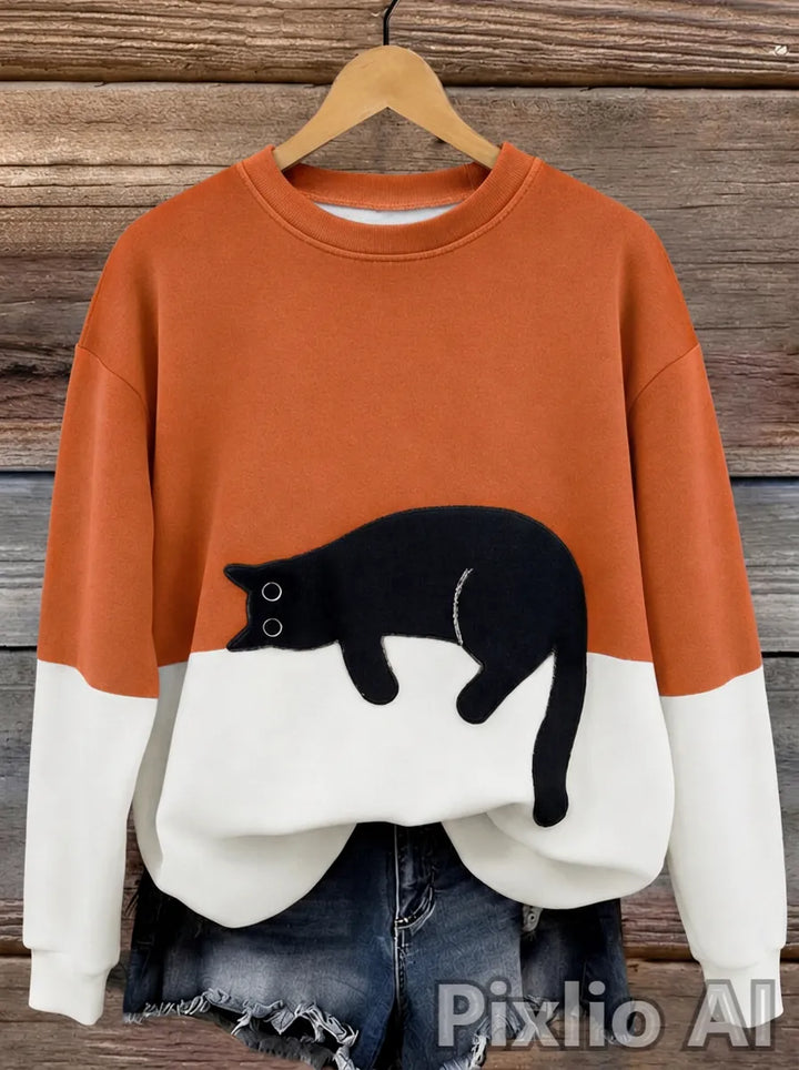 Damen Oversized Pullover mit Farbblockdesign und Katzenmotiv
