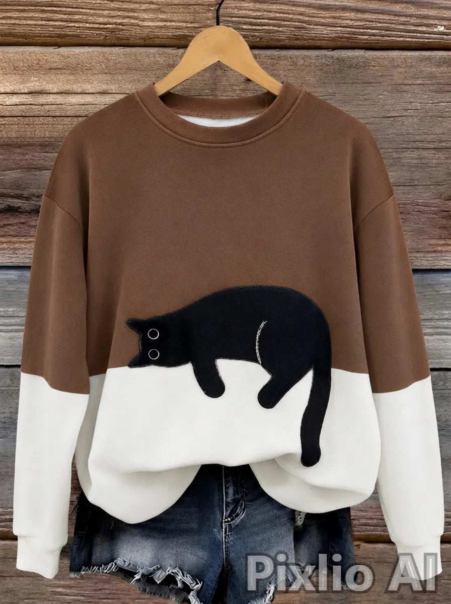 Damen Oversized Pullover mit Farbblockdesign und Katzenmotiv