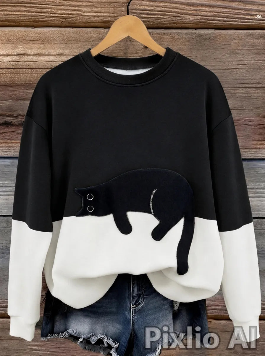 Damen Oversized Pullover mit Farbblockdesign und Katzenmotiv