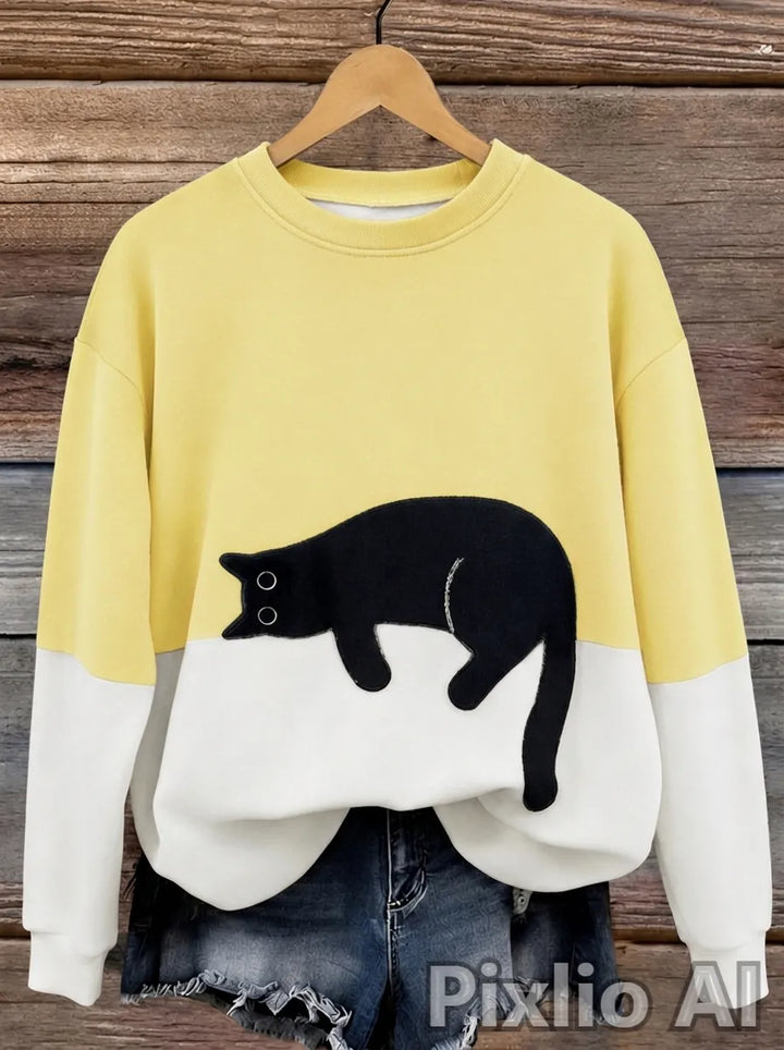 Damen Oversized Pullover mit Farbblockdesign und Katzenmotiv