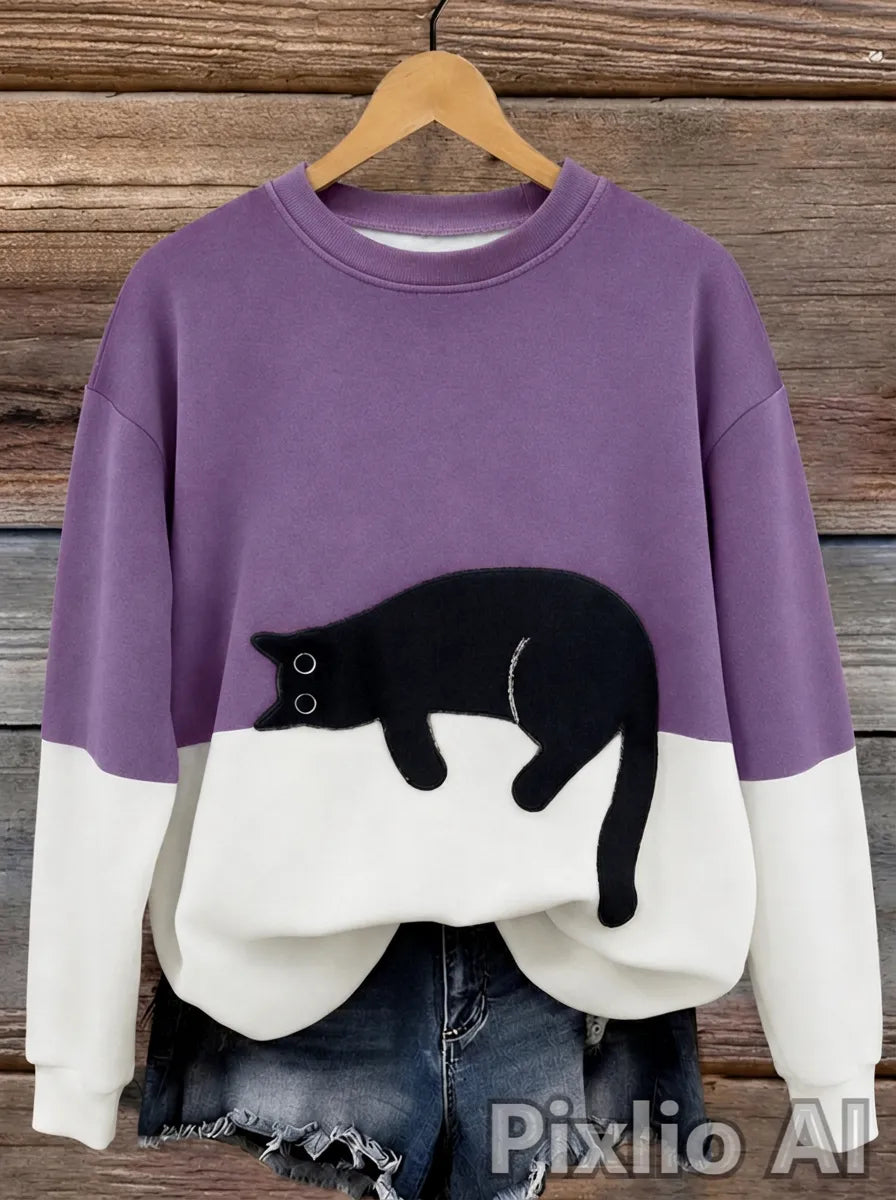 Damen Oversized Pullover mit Farbblockdesign und Katzenmotiv