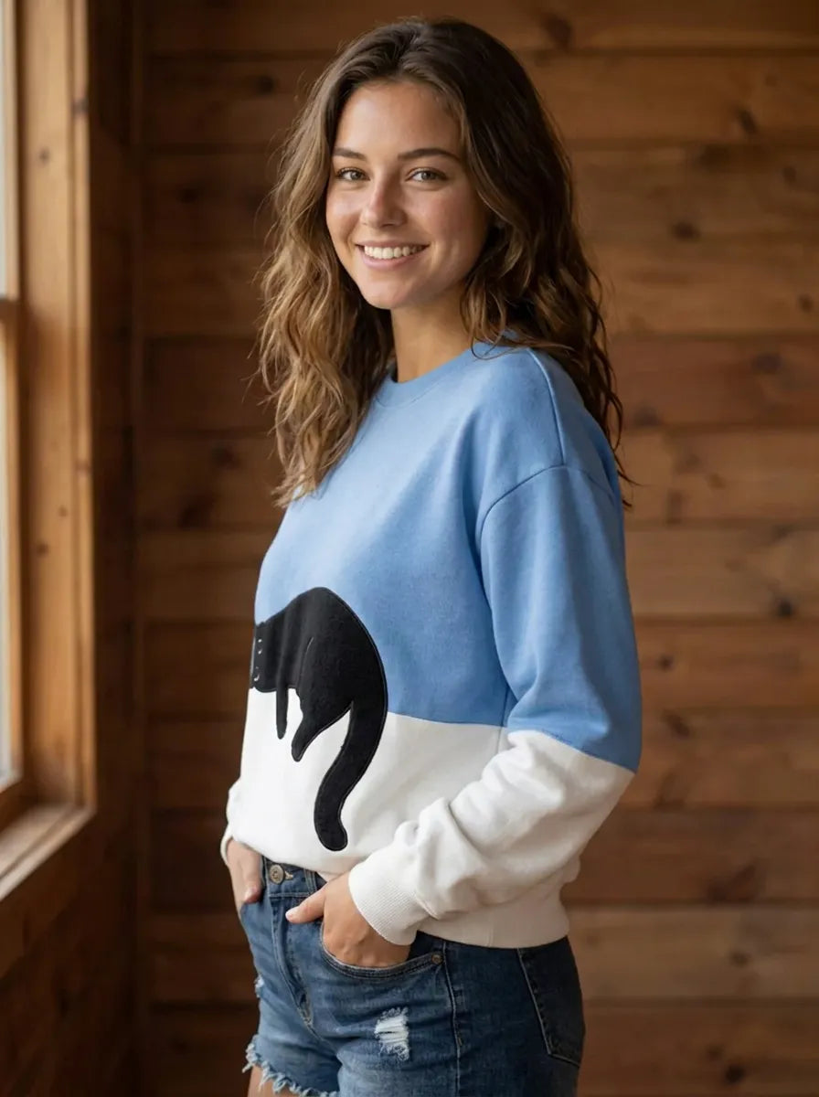 Damen Oversized Pullover mit Farbblockdesign und Katzenmotiv