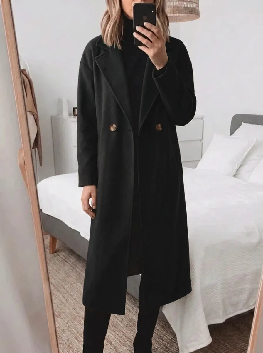 Women’s Oversized Coat with Notched Lapels and Double-Breasted Button Closure
