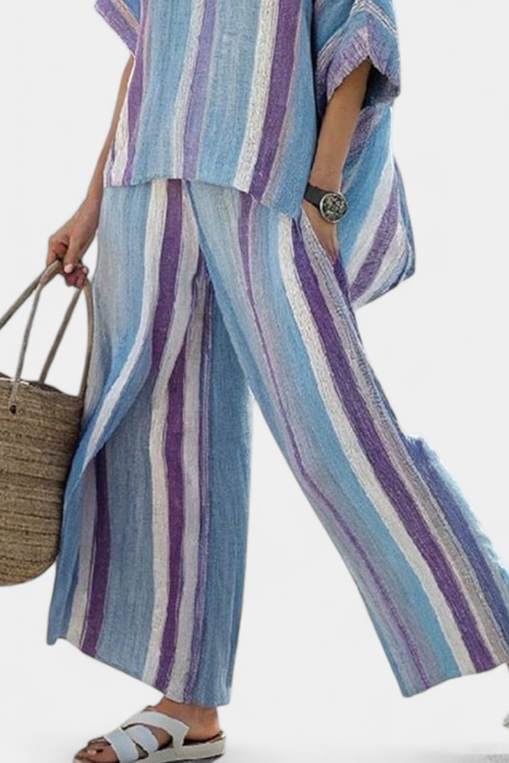 Ginevra – elegantes mauve Pastelloberteil und gestreifte Leinenhose