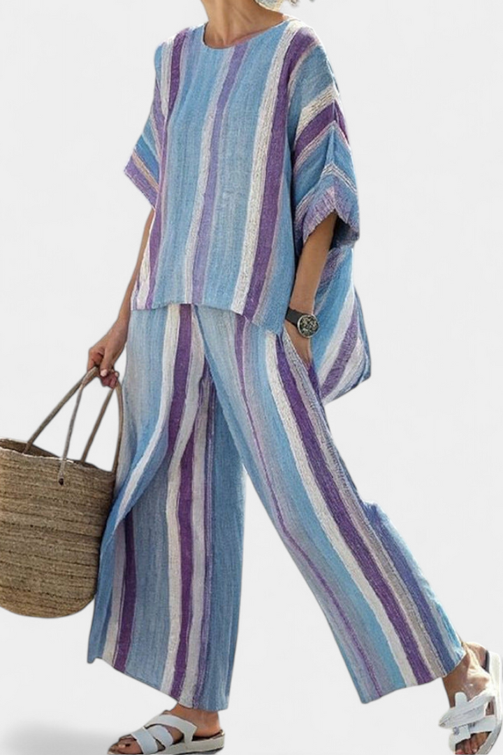 Ginevra – elegantes mauve Pastelloberteil und gestreifte Leinenhose