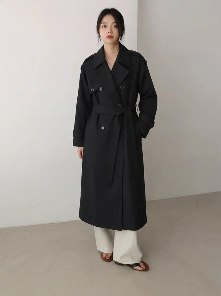 Trench coat oversize da donna, lungo fino ai piedi, con cintura in vita e spalline decorative