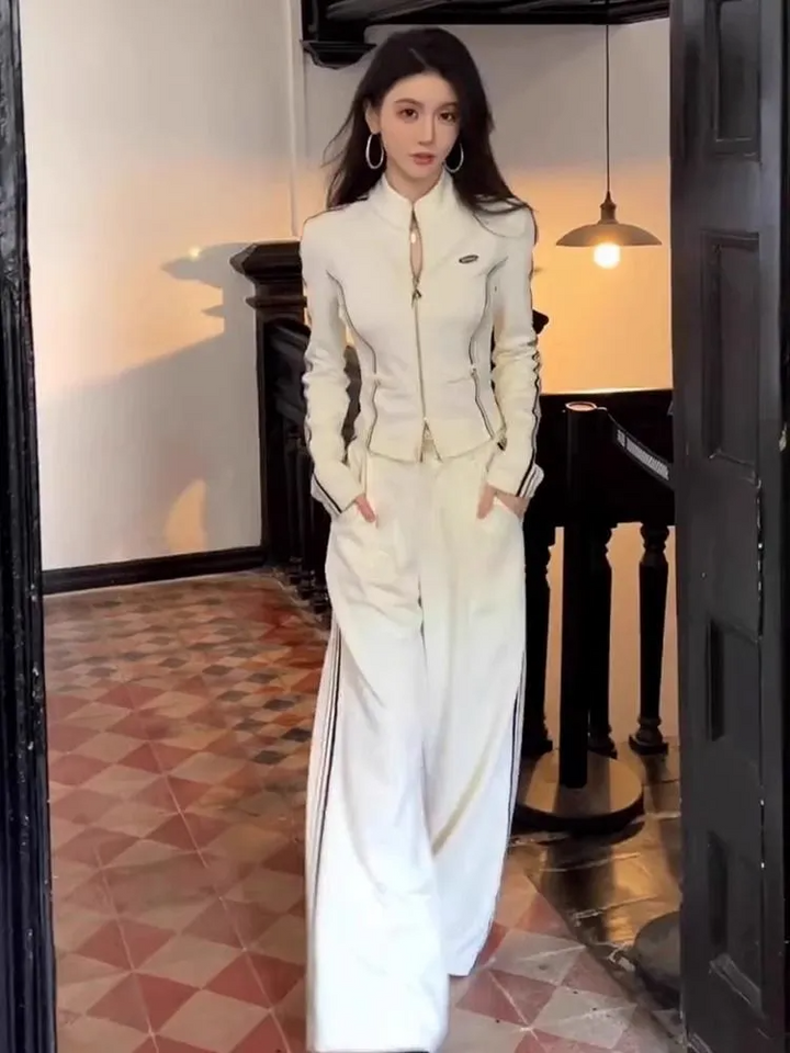 Weißes Zip-Up Set mit weitem Bein und Stehkragen