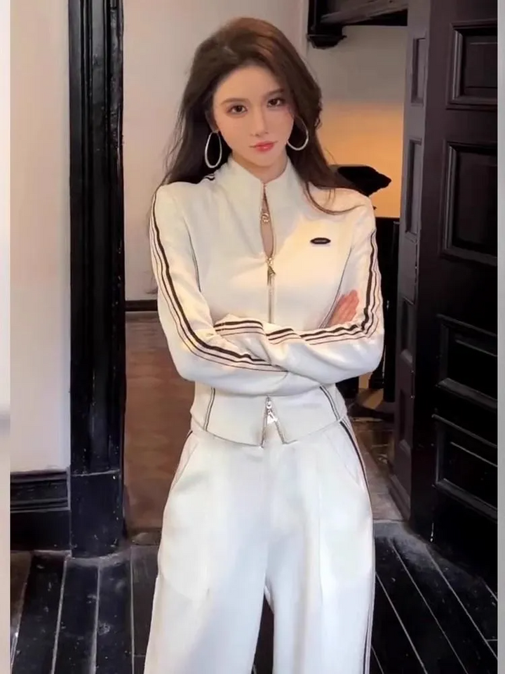 Weißes Zip-Up Set mit weitem Bein und Stehkragen