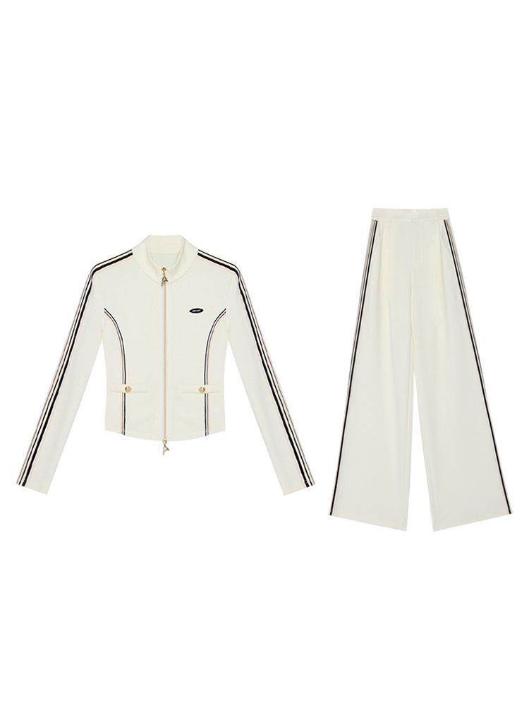 Weißes Zip-Up Set mit weitem Bein und Stehkragen