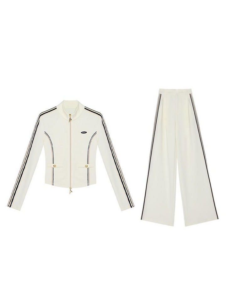 Weißes Zip-Up Set mit weitem Bein und Stehkragen