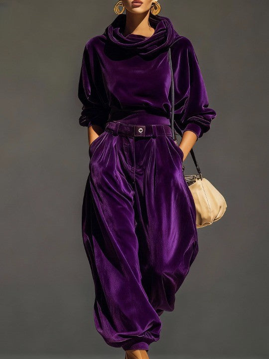 Retro Brauner Samt Hoodie und Entspannte Hose Set (Gürtel Inklusive)