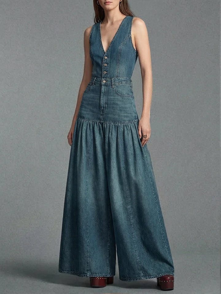 Lässiger Damen-Jeansoverall mit weitem Bein