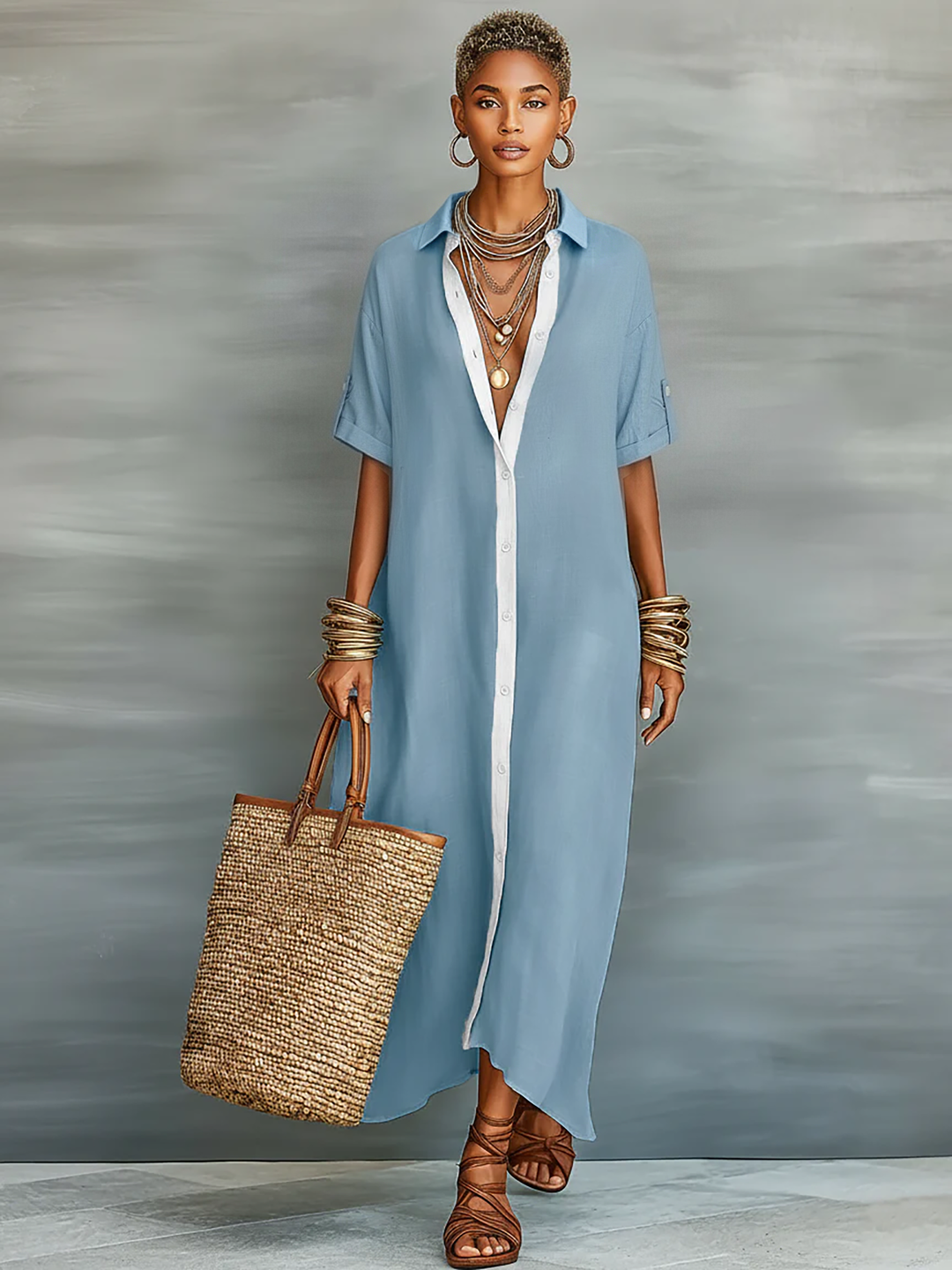 Minimalistisches Kurzarm-Hemd-Maxikleid für Damen