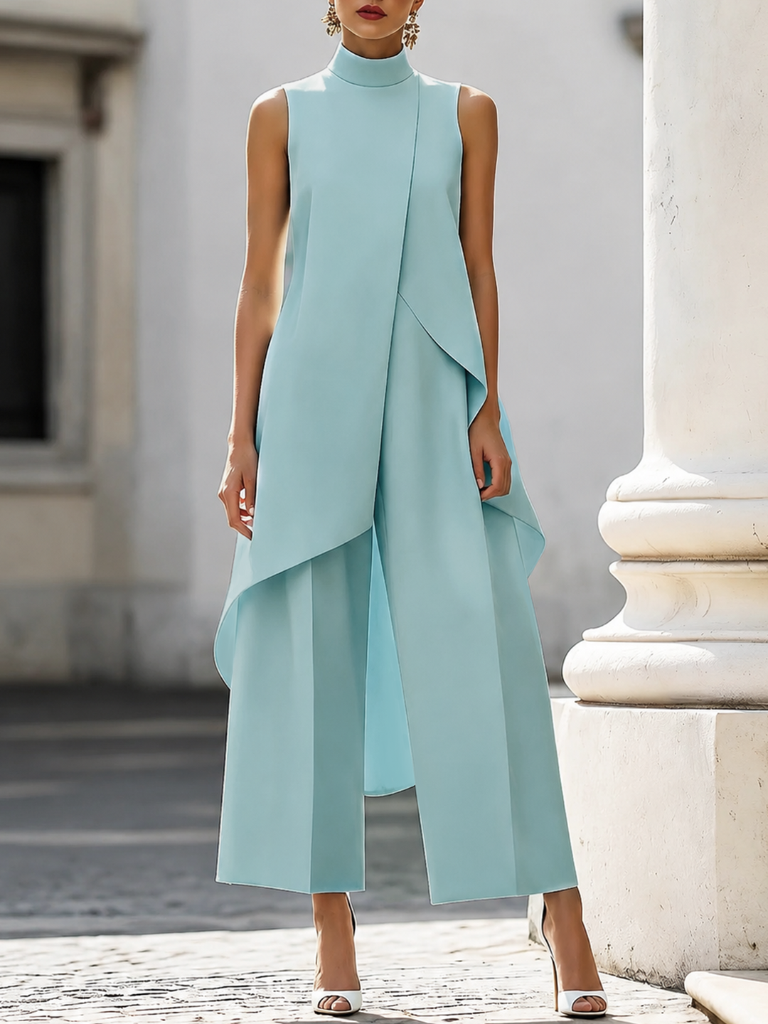 Martina | Damen Hochkragen-Top und Weitbein-Hosen Set