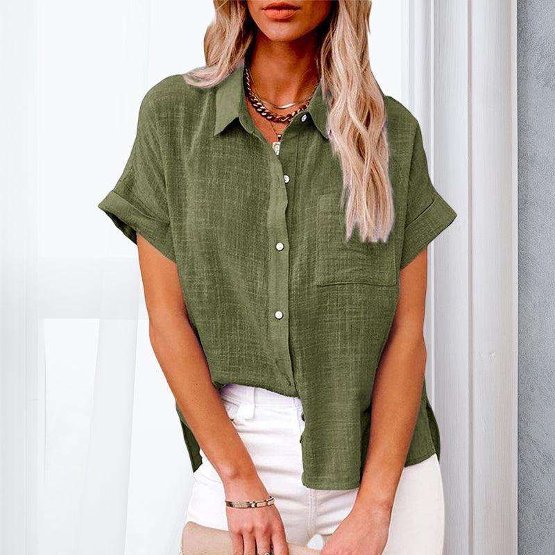 Damen Bluse mit kurzen Ärmeln, Taschen und Knöpfen