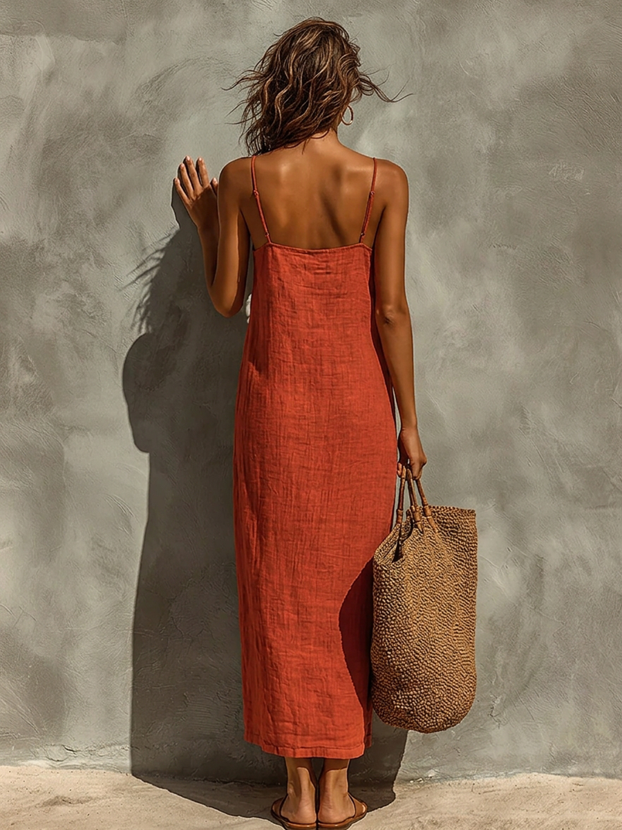 Rotes Damenkleid mit Spaghettiträgern und eckigem Ausschnitt, zeitloser Boho-Resort-Stil