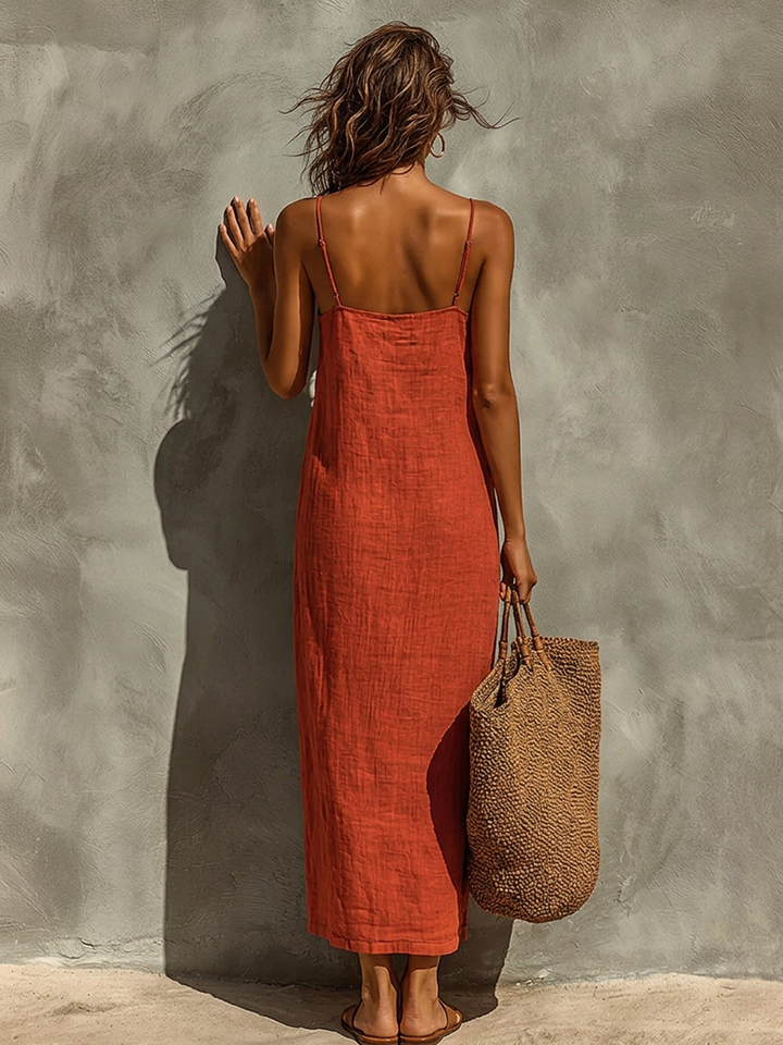 Rotes Damenkleid mit Spaghettiträgern und eckigem Ausschnitt, zeitloser Boho-Resort-Stil