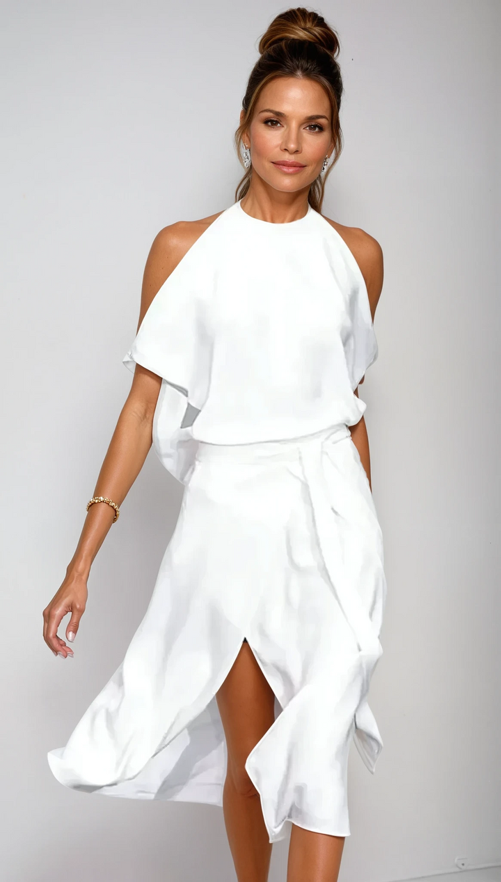 Celestine – Asymmetrisches Hemd Off-Shoulder Midi Kleid