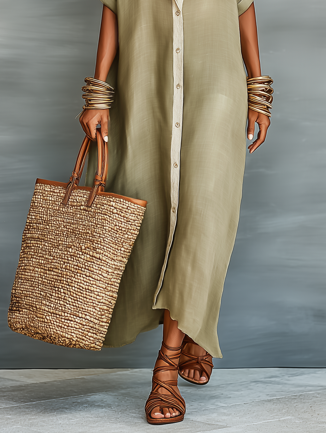 Minimalistisches Kurzarm-Hemd-Maxikleid für Damen