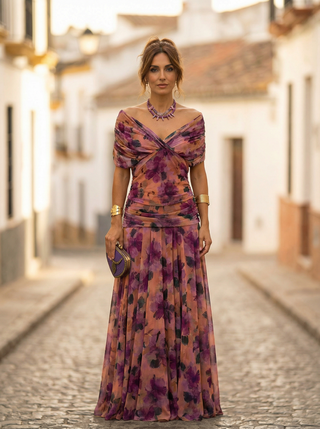 Leo | Damen Off-Shoulder Maxi-Kleid mit V-Ausschnitt