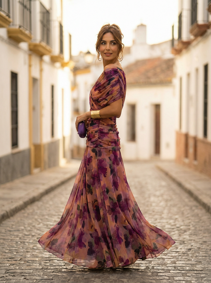 Leo | Damen Off-Shoulder Maxi-Kleid mit V-Ausschnitt