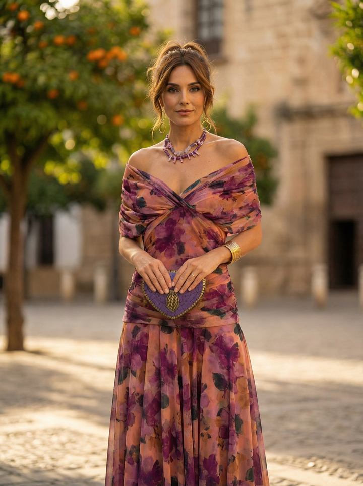 Leo | Damen Off-Shoulder Maxi-Kleid mit V-Ausschnitt