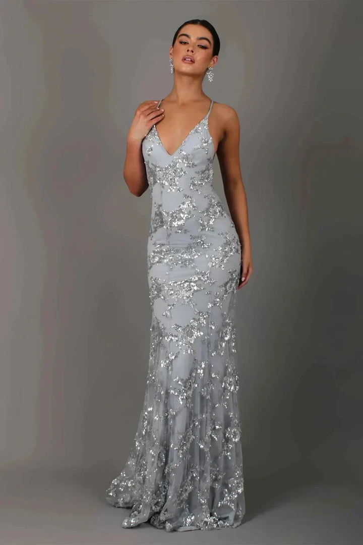 Nora – Elegantes bodenlanges Abendkleid mit Paillettenverzierung