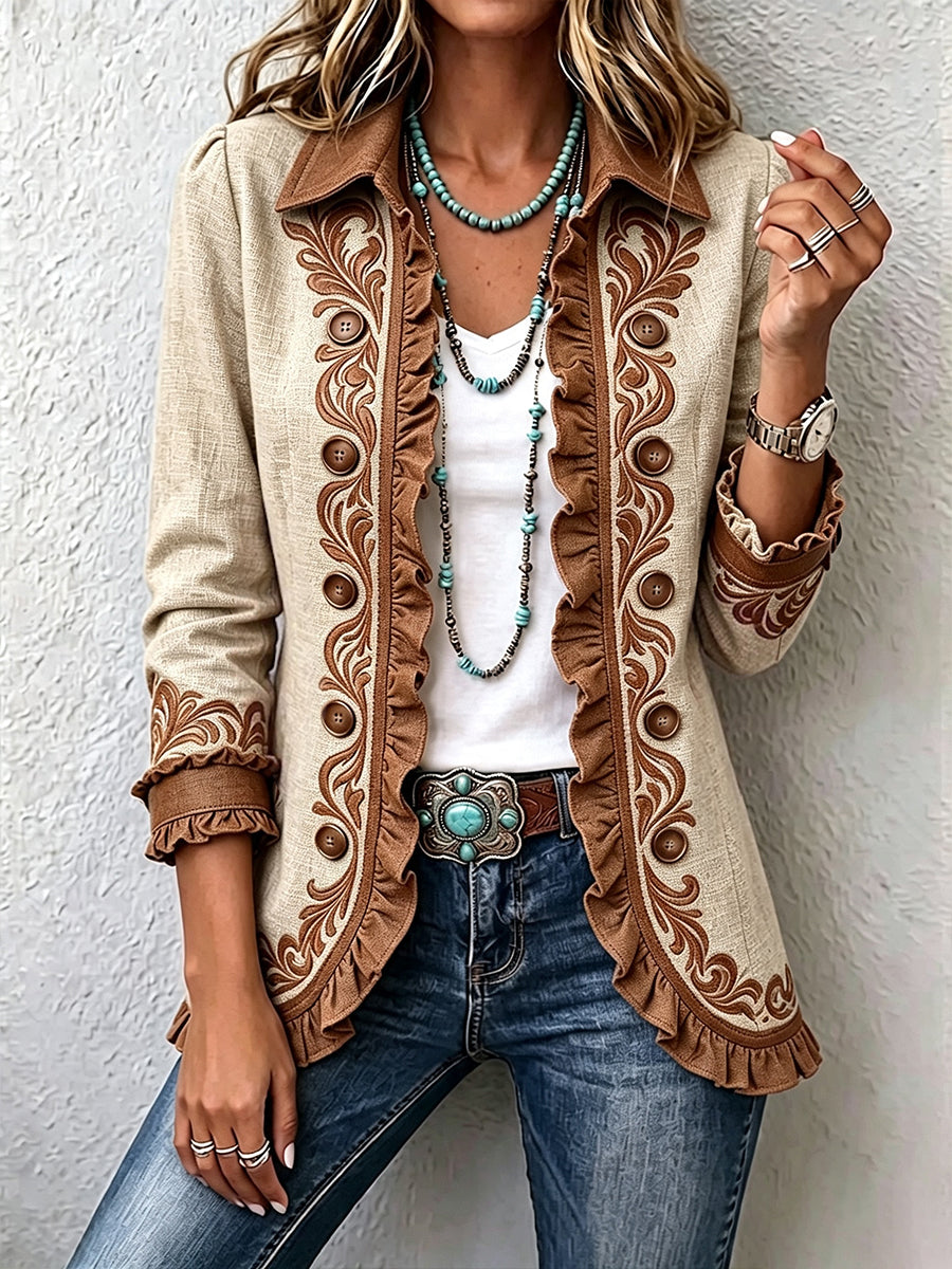 Damen Langarm-Rüschenjacke mit Knöpfen