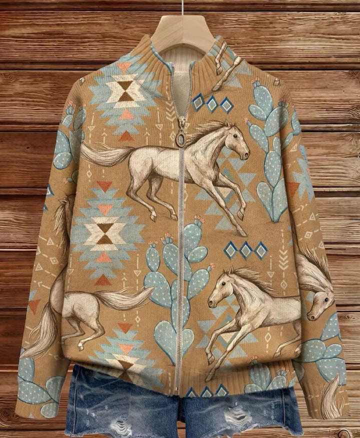 Cardigan da donna con motivo di cavalli del deserto e cactus e cerniera lampo