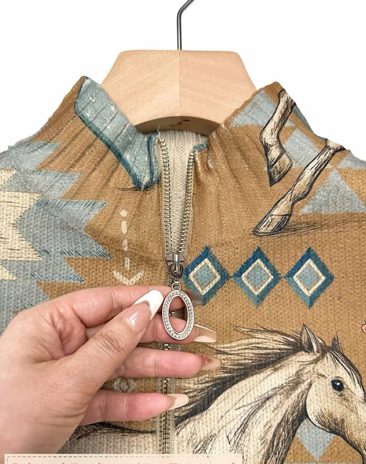 Cardigan da donna con motivo di cavalli del deserto e cactus e cerniera lampo