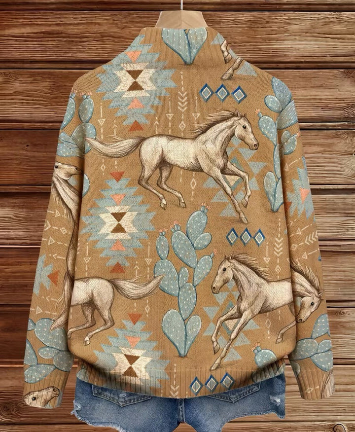 Cardigan da donna con motivo di cavalli del deserto e cactus e cerniera lampo