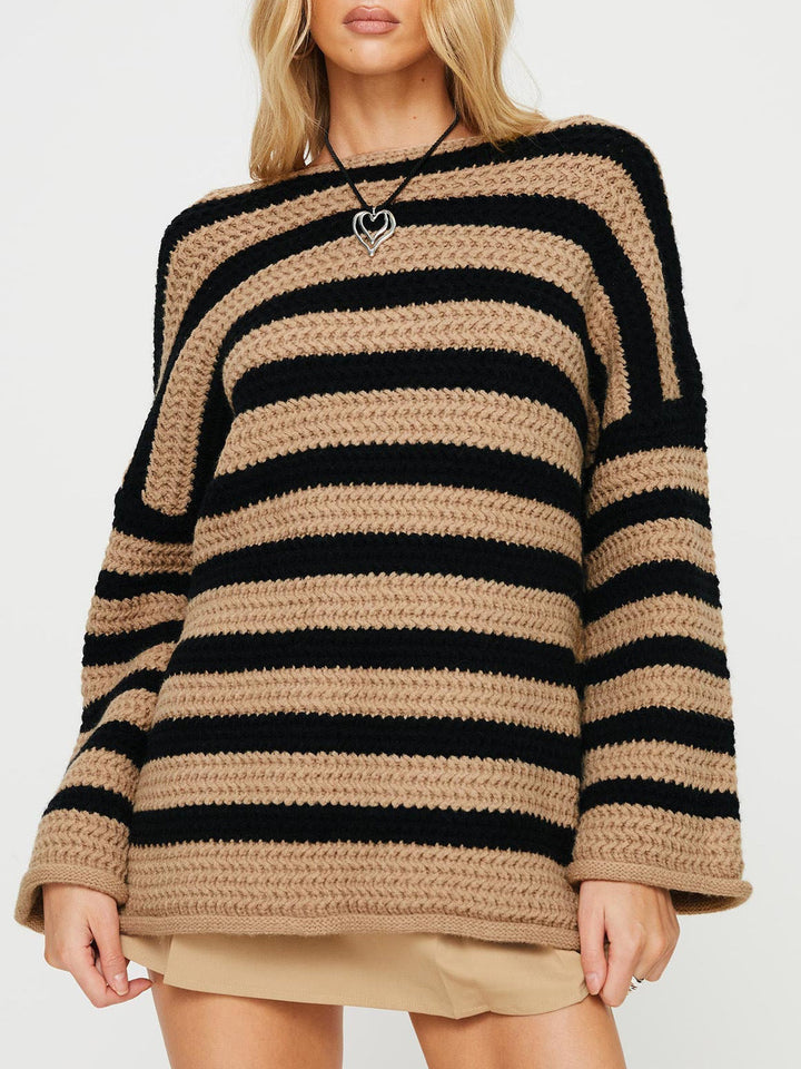 Maglione da donna a righe con scollo rotondo e maniche lunghe
