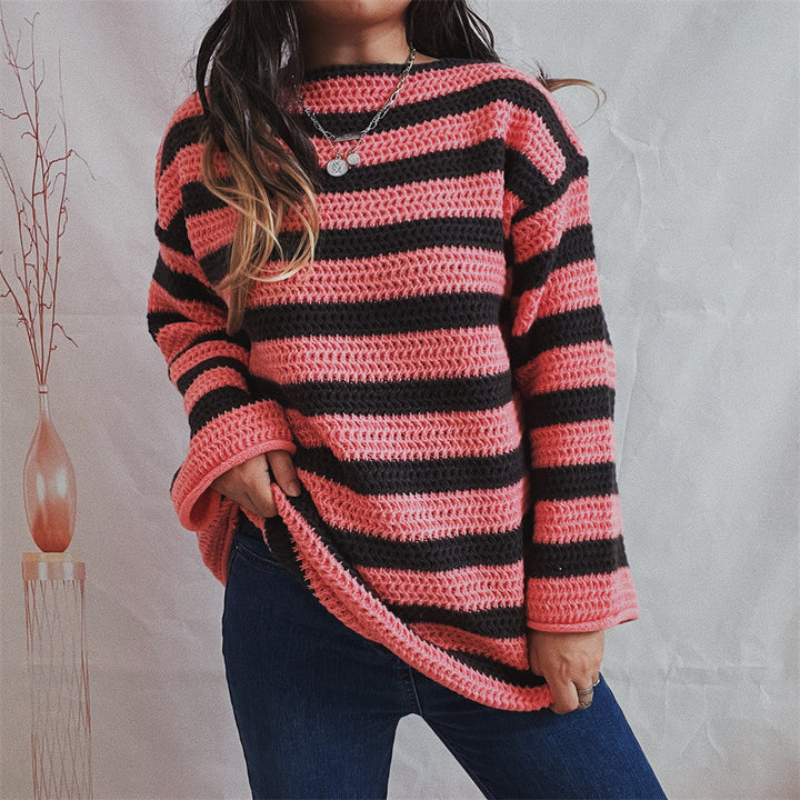 Maglione da donna a righe con scollo rotondo e maniche lunghe