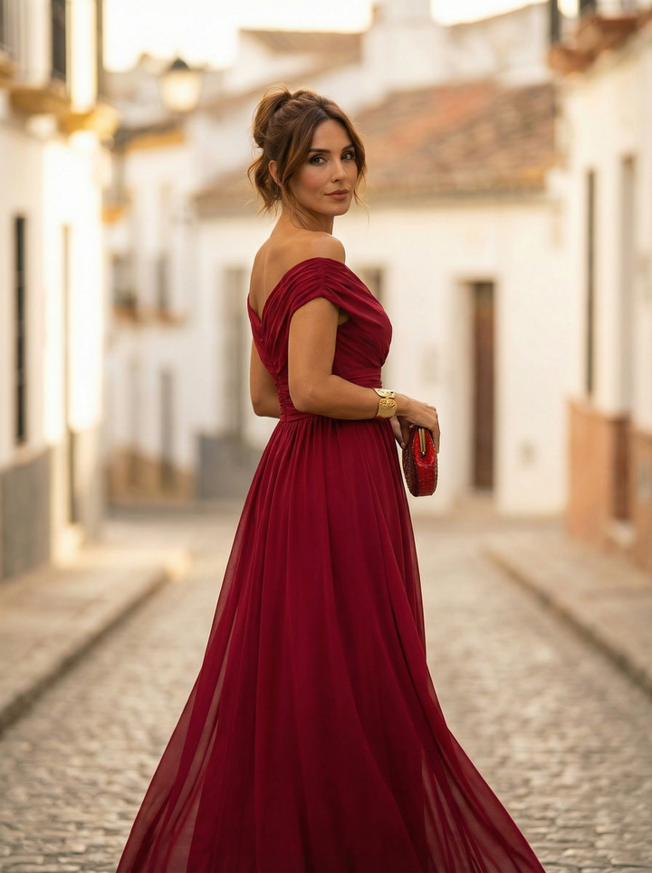 Leo | Damen Off-Shoulder Maxi-Kleid mit V-Ausschnitt