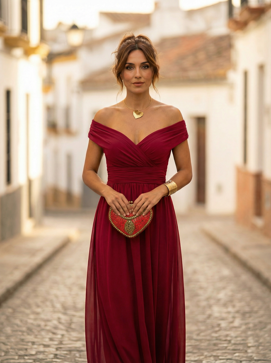 Leo | Damen Off-Shoulder Maxi-Kleid mit V-Ausschnitt