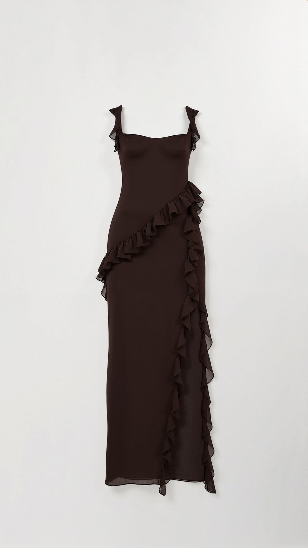 Laura | Damen Maxikleid mit Rüschen und seitlichem Schlitz