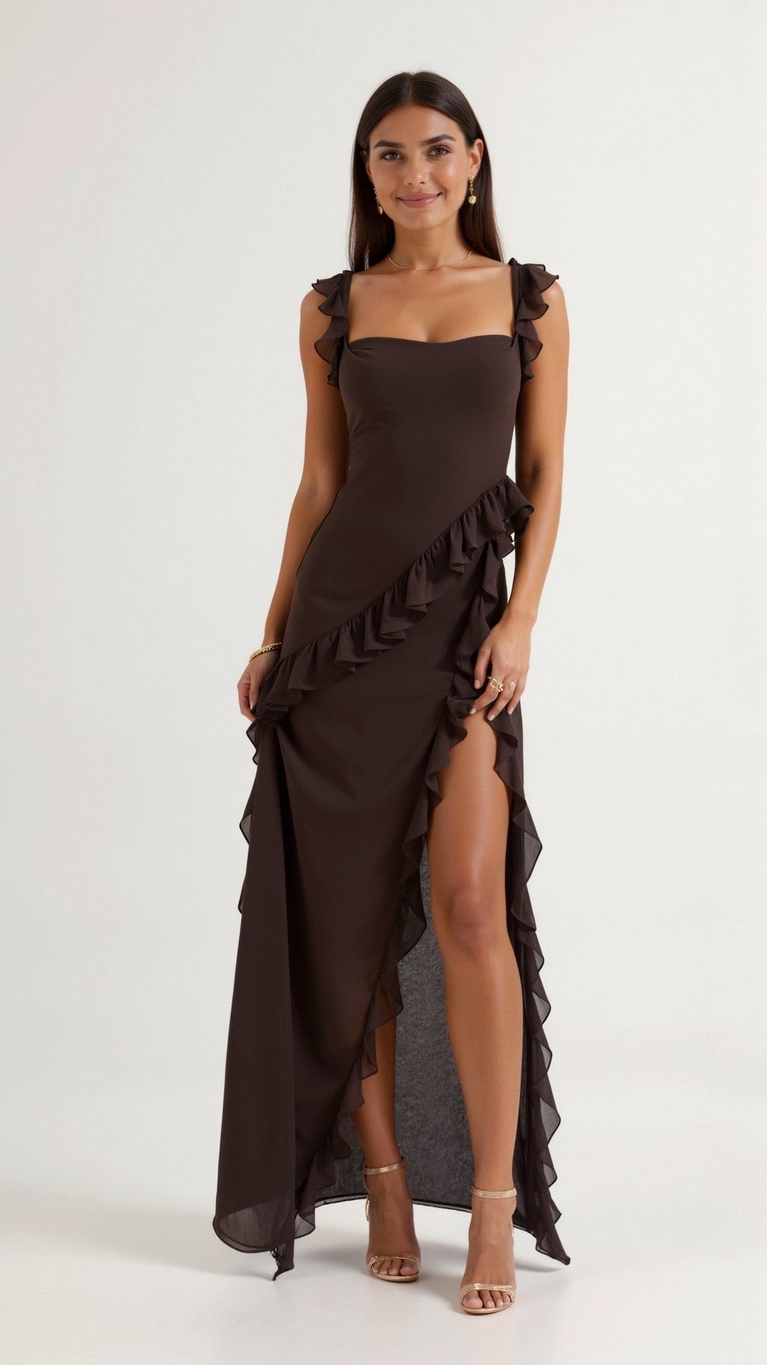 Laura | Damen Maxikleid mit Rüschen und seitlichem Schlitz