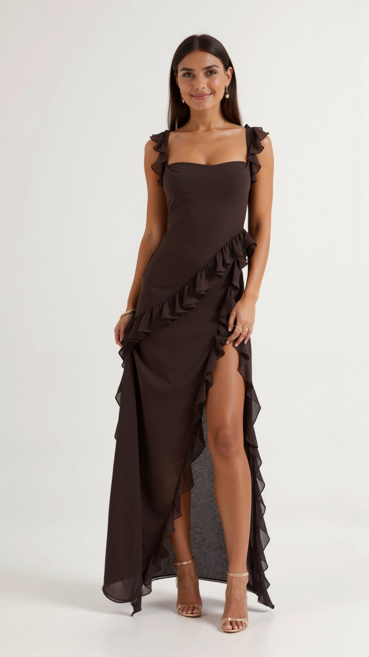 Laura | Damen Maxikleid mit Rüschen und seitlichem Schlitz