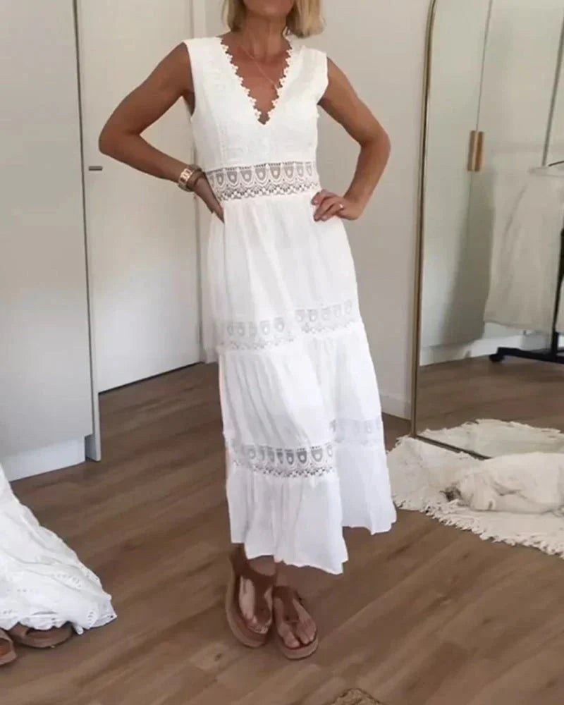 Rosélia | Damen V-Ausschnitt Spitzen-Maxikleid