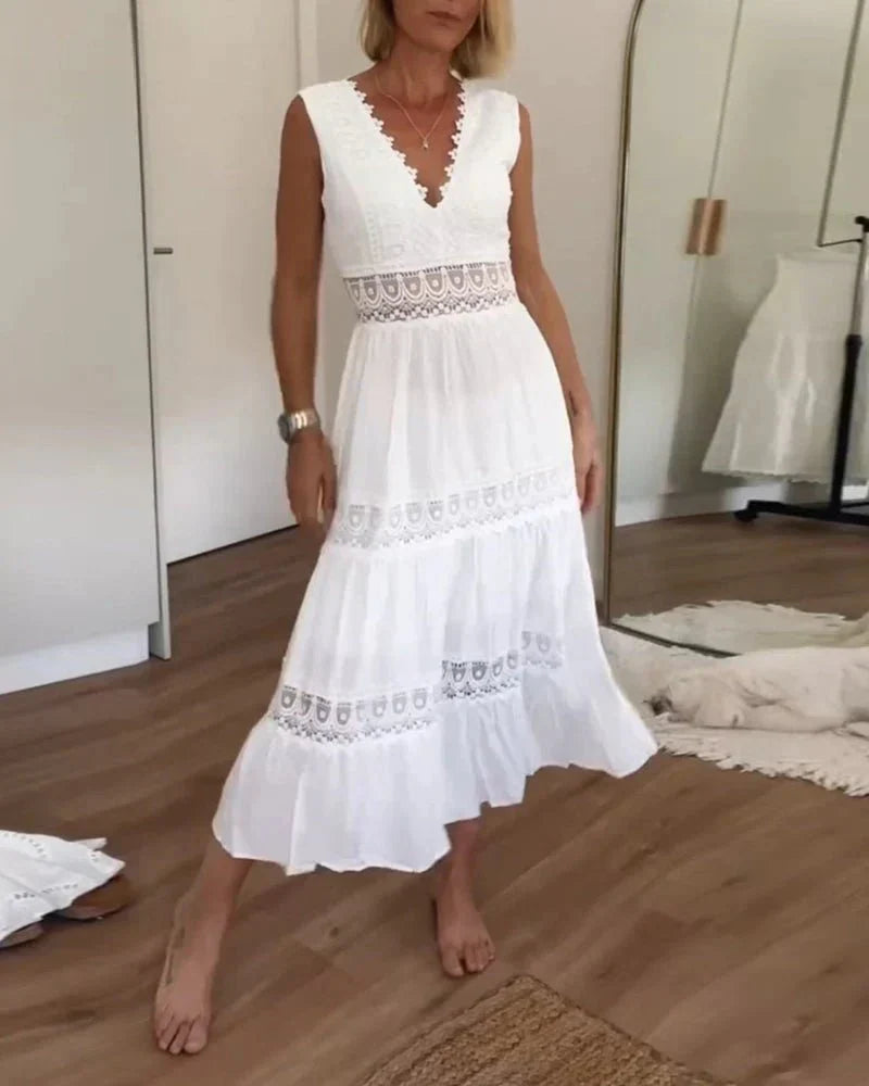 Rosélia | Damen V-Ausschnitt Spitzen-Maxikleid