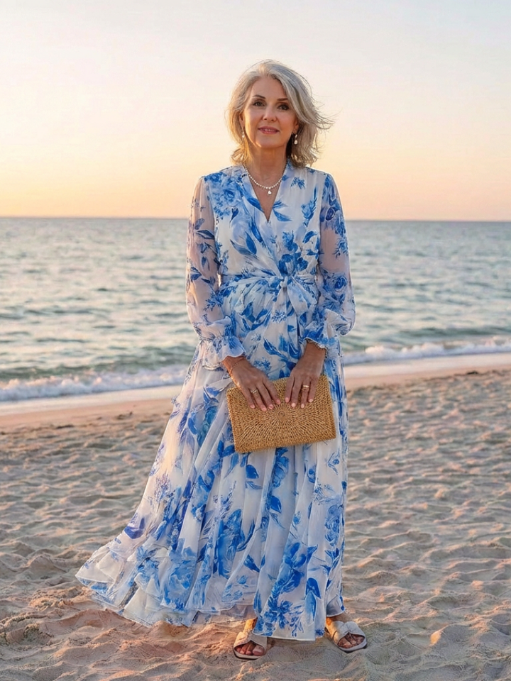 Lillian | Floral Langärmliges Wickel-Maxi-Kleid