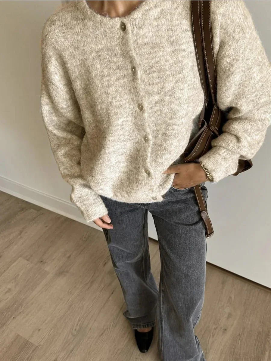 Damen Rundhals-Cardigan mit langen Ärmeln und Knöpfen