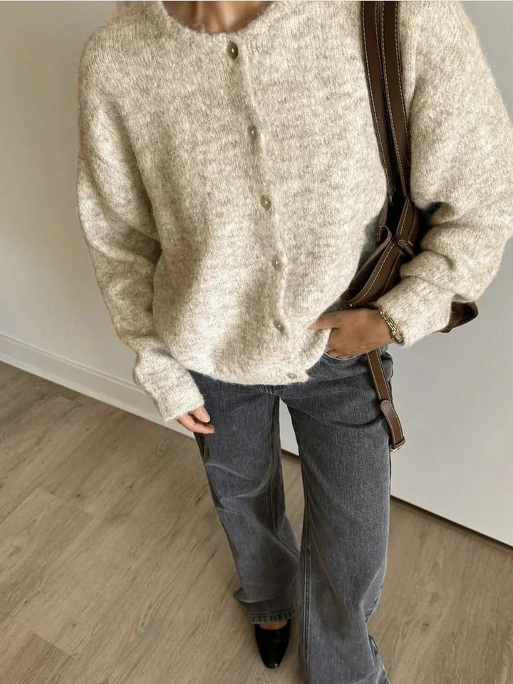 Damen Rundhals-Cardigan mit langen Ärmeln und Knöpfen