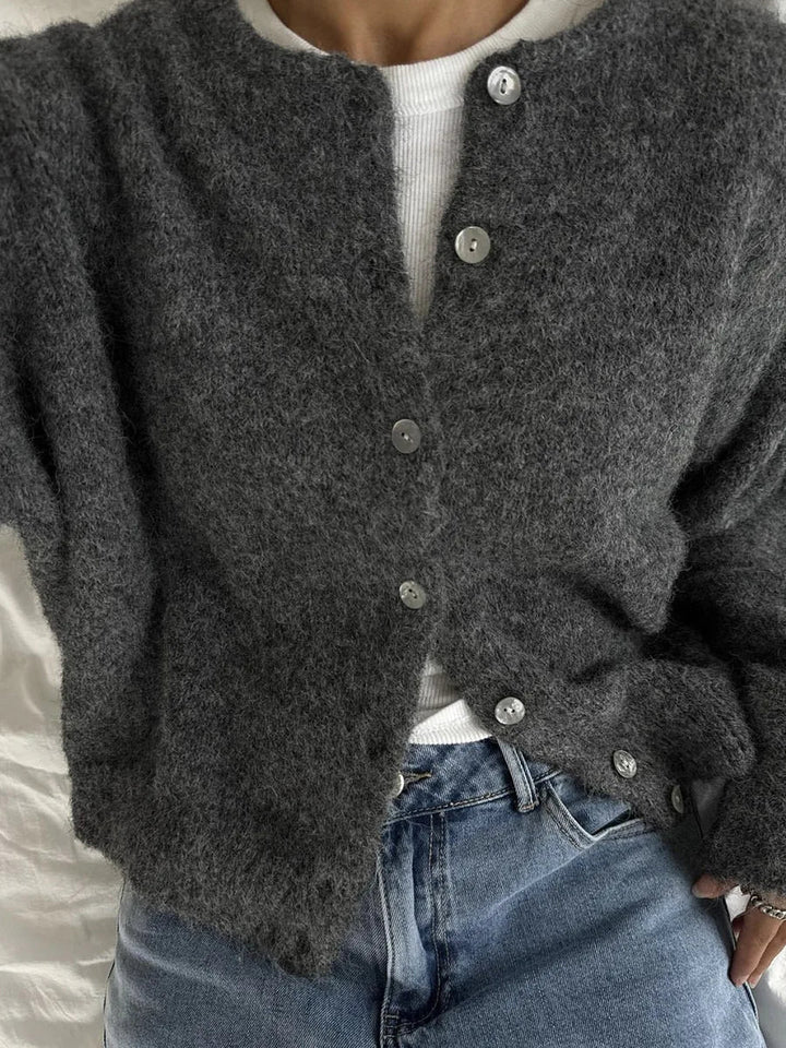 Damen Rundhals-Cardigan mit langen Ärmeln und Knöpfen
