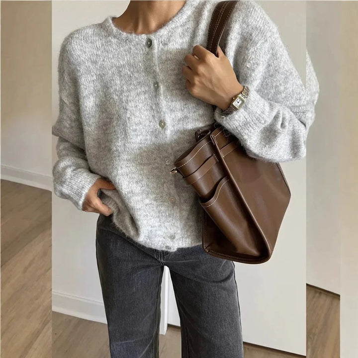 Damen Rundhals-Cardigan mit langen Ärmeln und Knöpfen