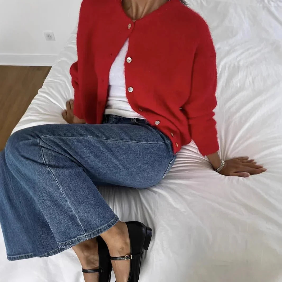 Damen Rundhals-Cardigan mit langen Ärmeln und Knöpfen